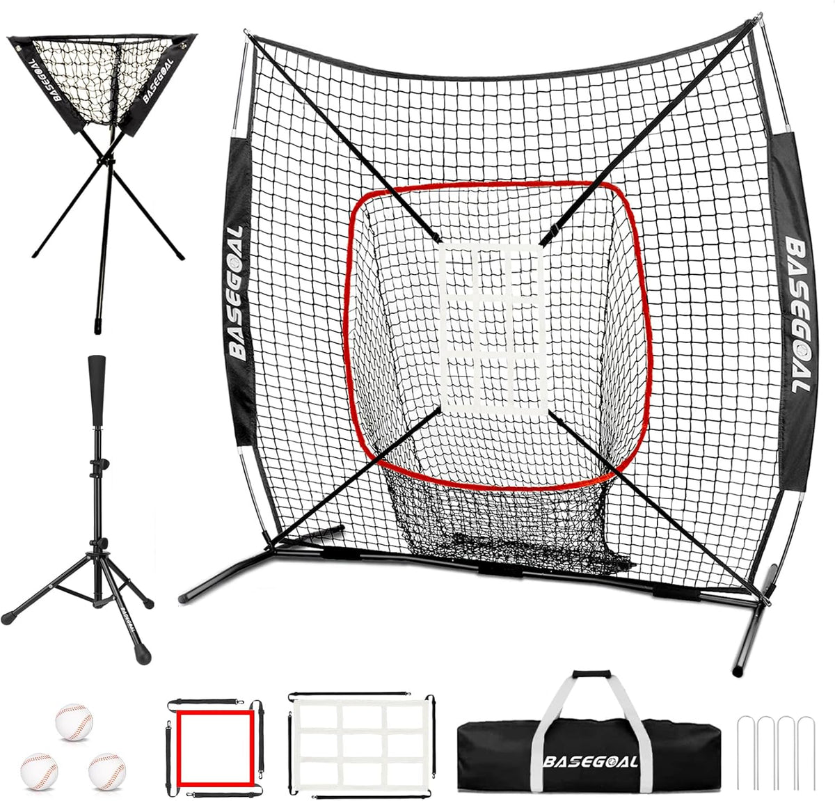 USADO Red de Práctica de Béisbol y Softbol BaseGoal 6'x6' | Backstop con Tee de Bateo, Soporte de Bolas y Marco de Arco | Para Batear, Lanzar y Atrapar | Con Zona de Strike