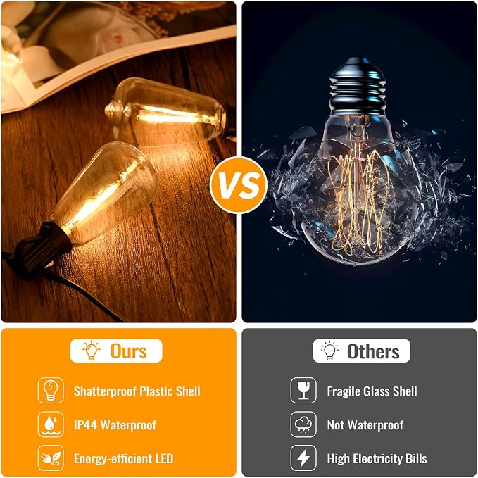 Guirnalda de luces exteriores de 30 metros con 50+2 bombillas LED Edison regulables, resistentes al agua