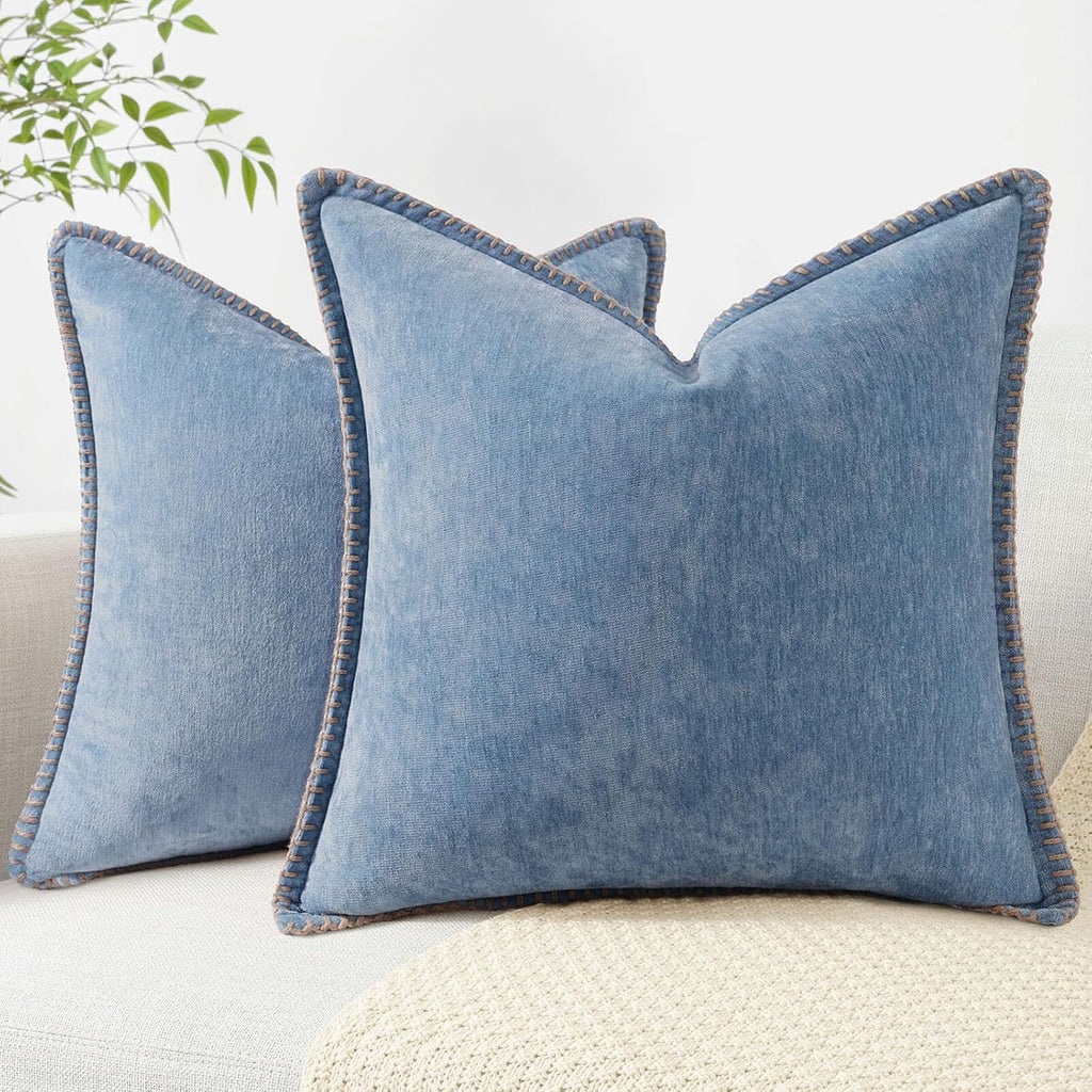decorUhome Spring Chenille Soft Throw Pillow Covers 20x20 Set of 2, Farmhouse Velvet Neutral Decorative Pillow Covers with Stitched Edge for Couch Sofa Bed Home Decor, Blue