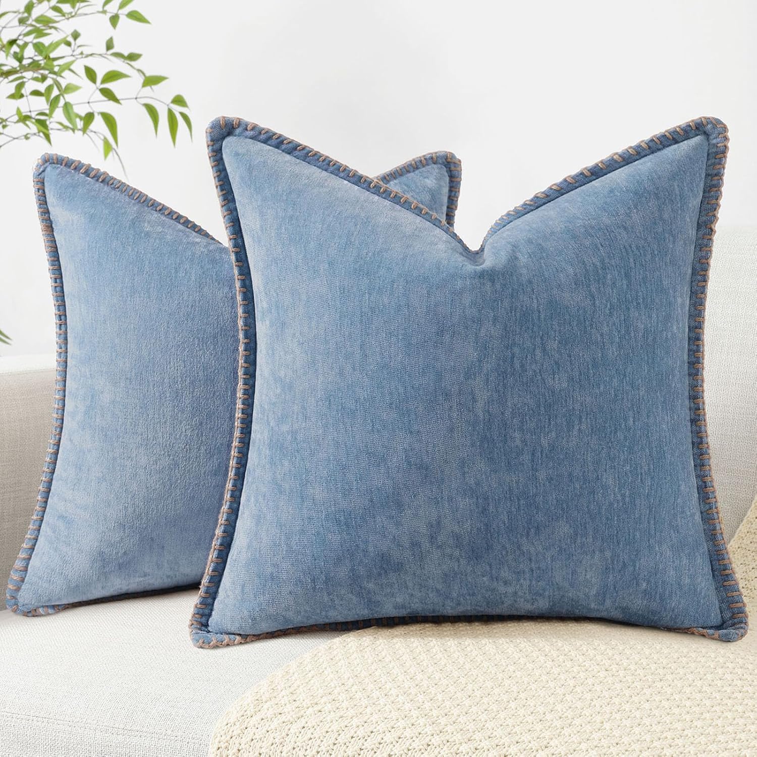decorUhome Spring Chenille Soft Throw Pillow Covers 20x20 Set of 2, Farmhouse Velvet Neutral Decorative Pillow Covers with Stitched Edge for Couch Sofa Bed Home Decor, Blue