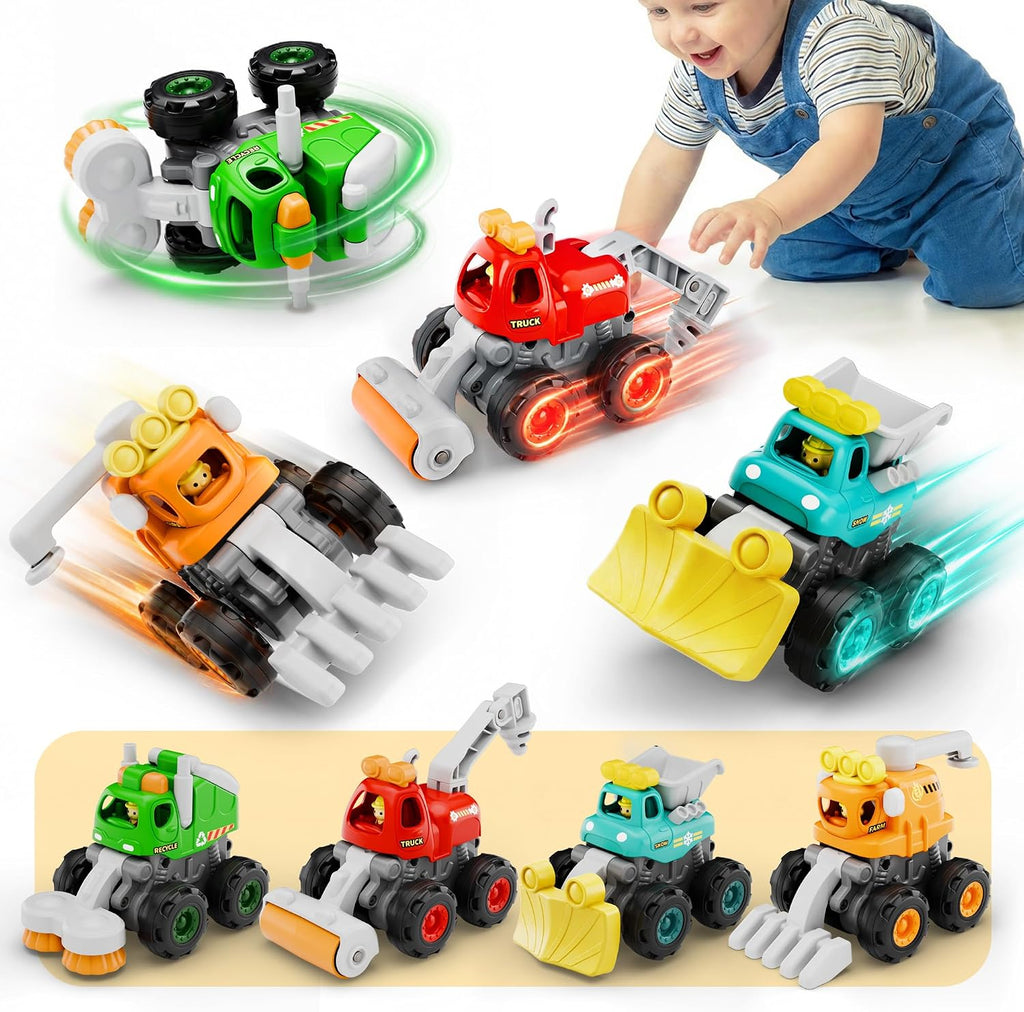 iPlay, iLearn Camiones de construcción acrobáticos para niños pequeños de 1 a 3 años, coches de fricción para bebés, juego de vehículos de retroceso para niños, camión volquete con rodillos excavadores para niños, regalo de cumpleaños para niñas de 12 a