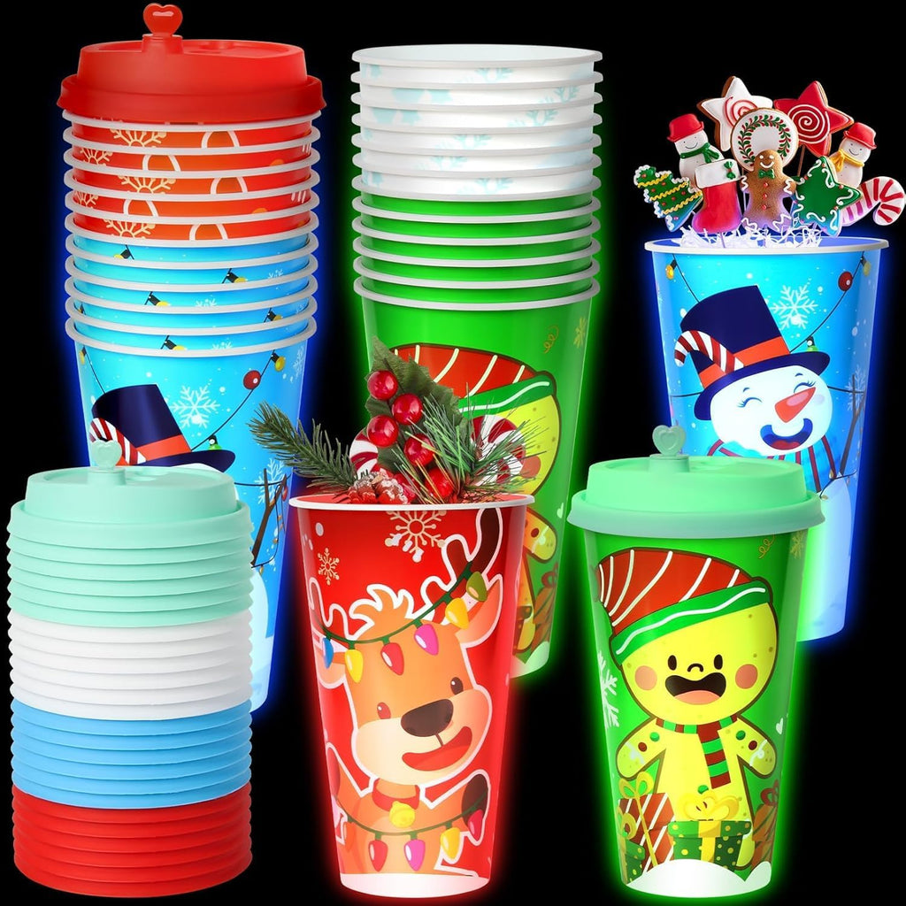FZR Legend 24 Sets Christmas Party Cups for Kids, 16OZ Glow Christmas Plastic Cup for Holiday Movie Night Party Favors Supplies Decorations, Holiday Decor