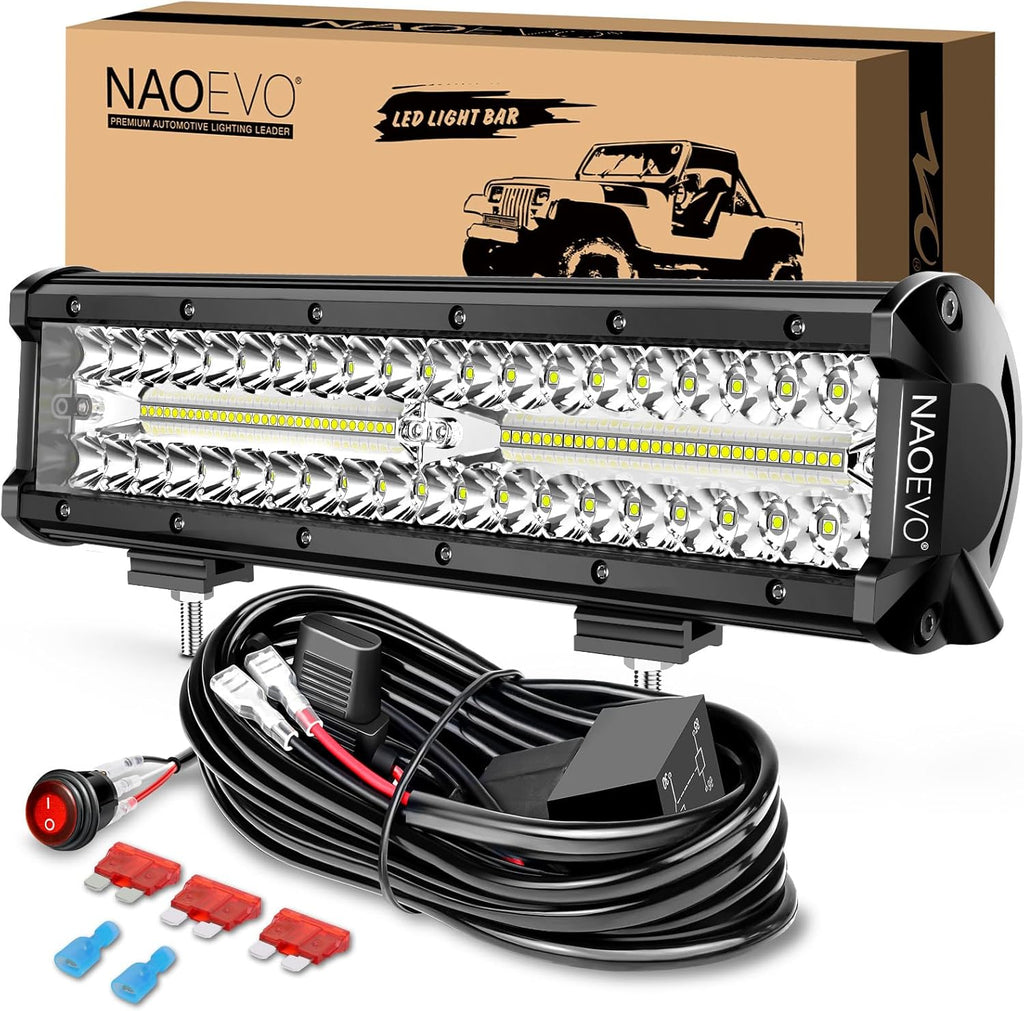 Barra de Luz LED NAOEVO de 12 Pulgadas | 300W 30000LM para Todo Terreno | Luces de Trabajo Spot Flood con Arnés | para Camión, UTV, ATV y Bote | Blanco