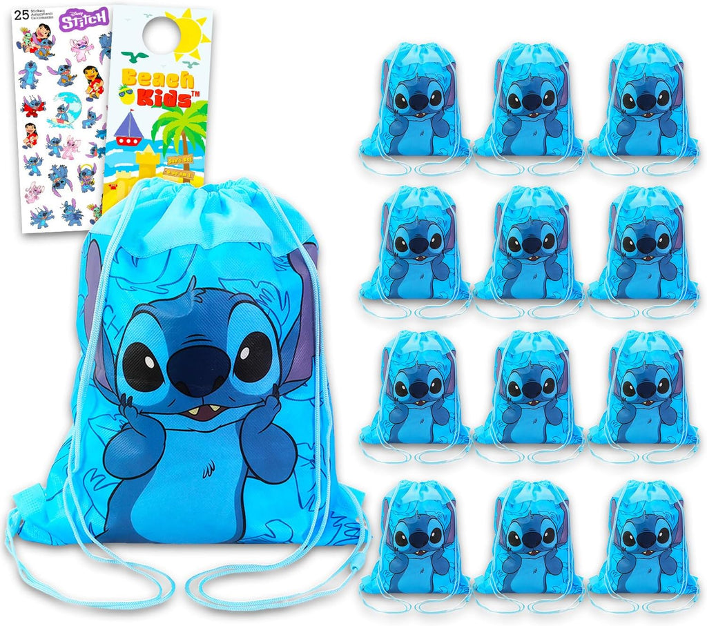 Set de bolsas de regalo para fiestas de Disney Stitch - Paquete con 12 bolsas con cordón de Stitch para niños, pegatinas y más artículos para fiestas de cumpleaños.