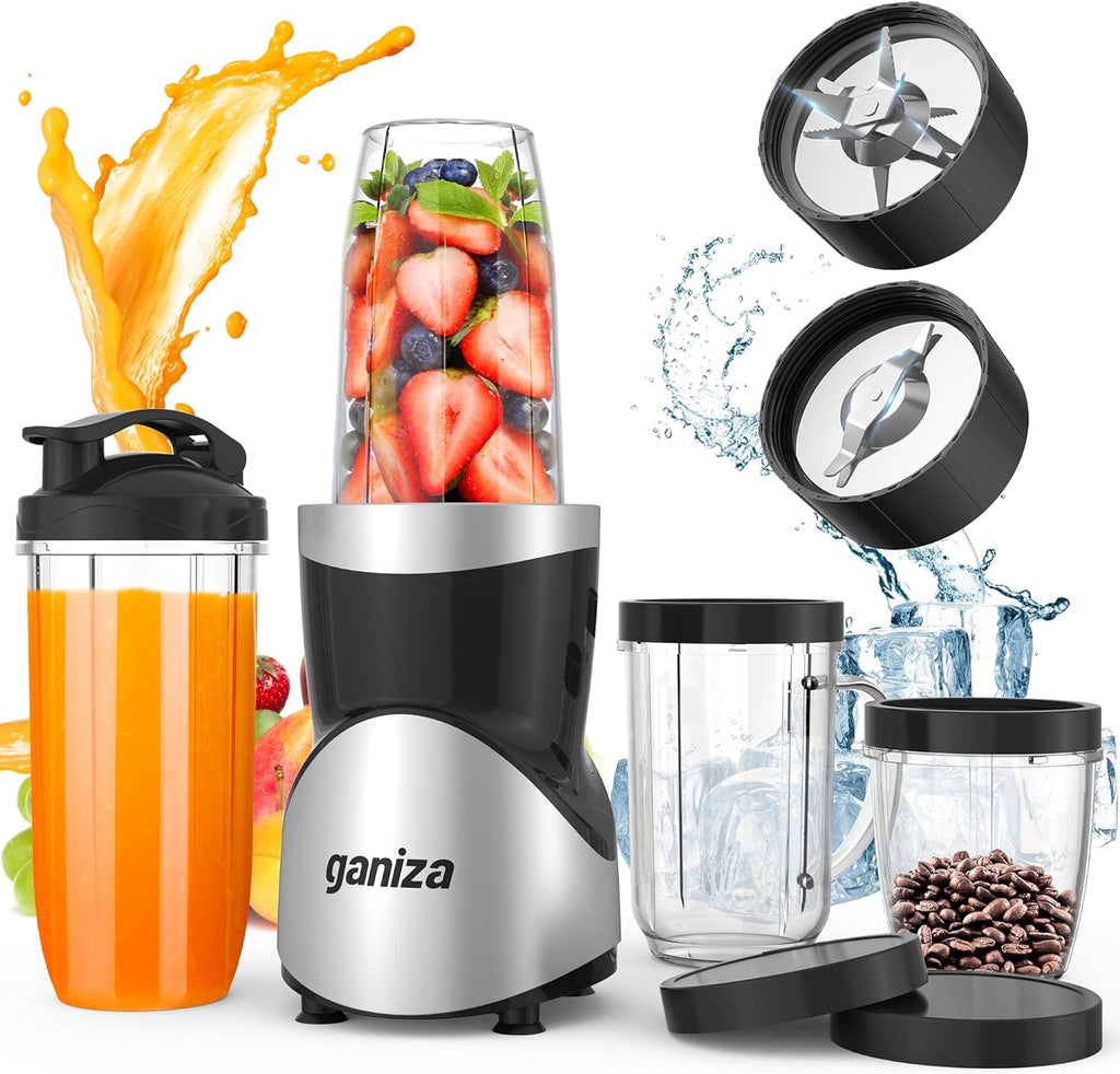 Licuadora Ganiza Smoothie, 900 W, para batidos y smoothies, juego de 15 piezas de licuadora y molinillo personal para cocina, máquina para smoothies con 4 vasos portátiles sin BPA, receta nutritiva.