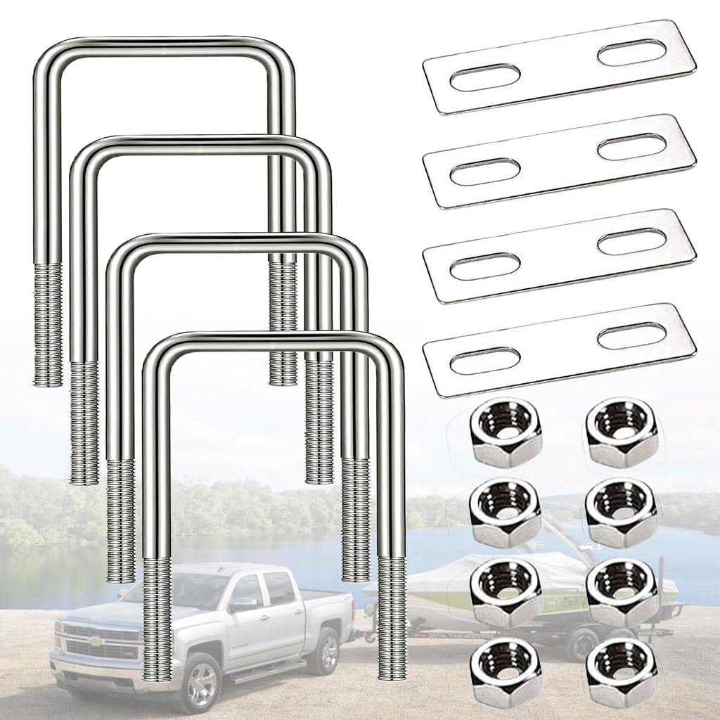 Pernos en U de acero inoxidable 304 de curvatura cuadrada M10 x 4" de ancho x 7" de largo con tuercas y placa de bastidor para remolques de automóviles, lanchas de esquí acuático o veleros. Perno en U cuadrado M10 x 100 mm x 180 mm.