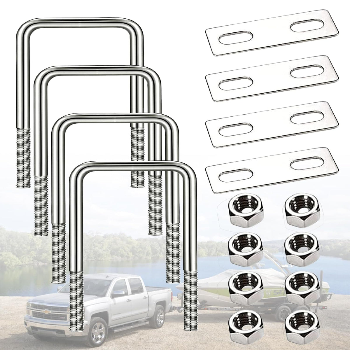 Pernos en U de acero inoxidable 304 de curvatura cuadrada M10 x 4" de ancho x 7" de largo con tuercas y placa de bastidor para remolques de automóviles, lanchas de esquí acuático o veleros. Perno en U cuadrado M10 x 100 mm x 180 mm.