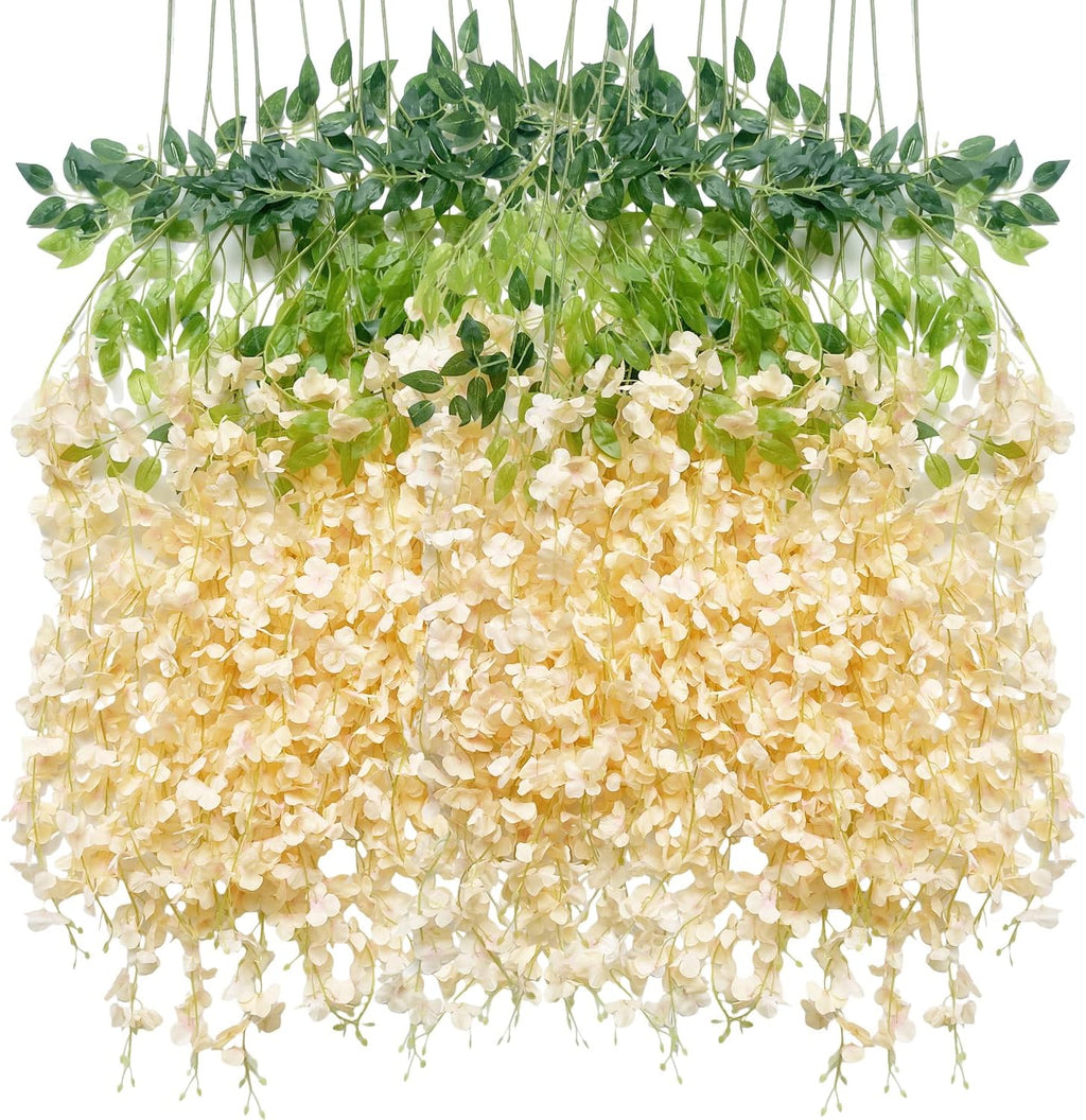 WONICE Flores Colgantes de Glicina Artificial | Guirnalda de Glicinas Falsas de Seda | Enredadera para Boda, Jardín y Decoración | 12 uds, Champán