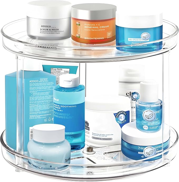 Organizador Lazy Susan de 2 niveles para baño, organizador de maquillaje giratorio de 360 grados de 9.25 pulgadas transparente para tocador