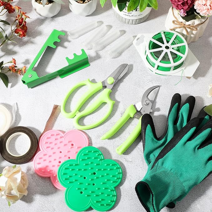 WILLBOND Regalos para mamá mujer, kit de herramientas de arreglo floral, guantes de podadora para eliminar espinas de rosas, calibre 22/26, vástago de pala, ramillete de perlas, tijeras de podar, herramienta de floristería (verde AGUA)