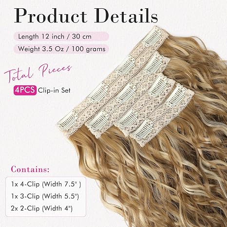 Extensions de Cabello con Clip REECHO 14" – Ondas Playeras Cortas con Encaje Invisible, Rubio Oscuro con Puntas Claras