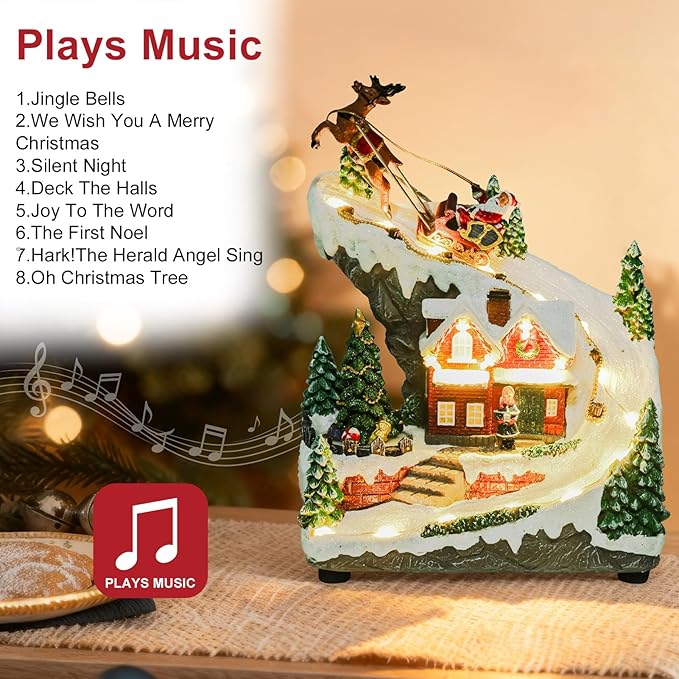 Giftgarden Christmas Village House with Santa Deer and Sleigh, Musical Lighted Christmas Building Decoration Indoor Collectible