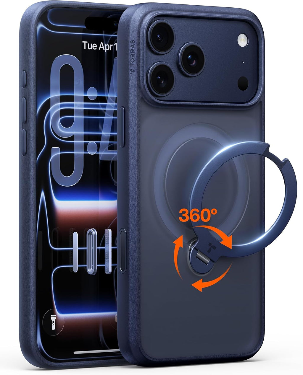 Funda TORRAS Q3 Spin para iPhone 17 Pro Max con soporte magnético de 360°, control de cámara, compatible con MagSafe, 4X de grado militar a prueba de golpes para iPhone 17 Pro Max con soporte, azul oscuro.
