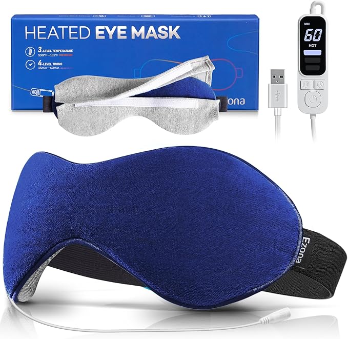 Ezona Máscara térmica para ojos, máscara de compresión ocular cálida para ojos secos, almohadilla térmica eléctrica USB con control de temperatura y temporizador, máscara de ojos secos para blefaritis