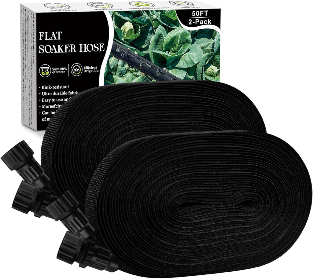 USADO-Manguera de Remojo 100 pies | Pack de 2 Mangueras Planas Engrosadas de 50 pies | Riego por Goteo, Ahorra 80% de Agua | para Jardin y Huerta