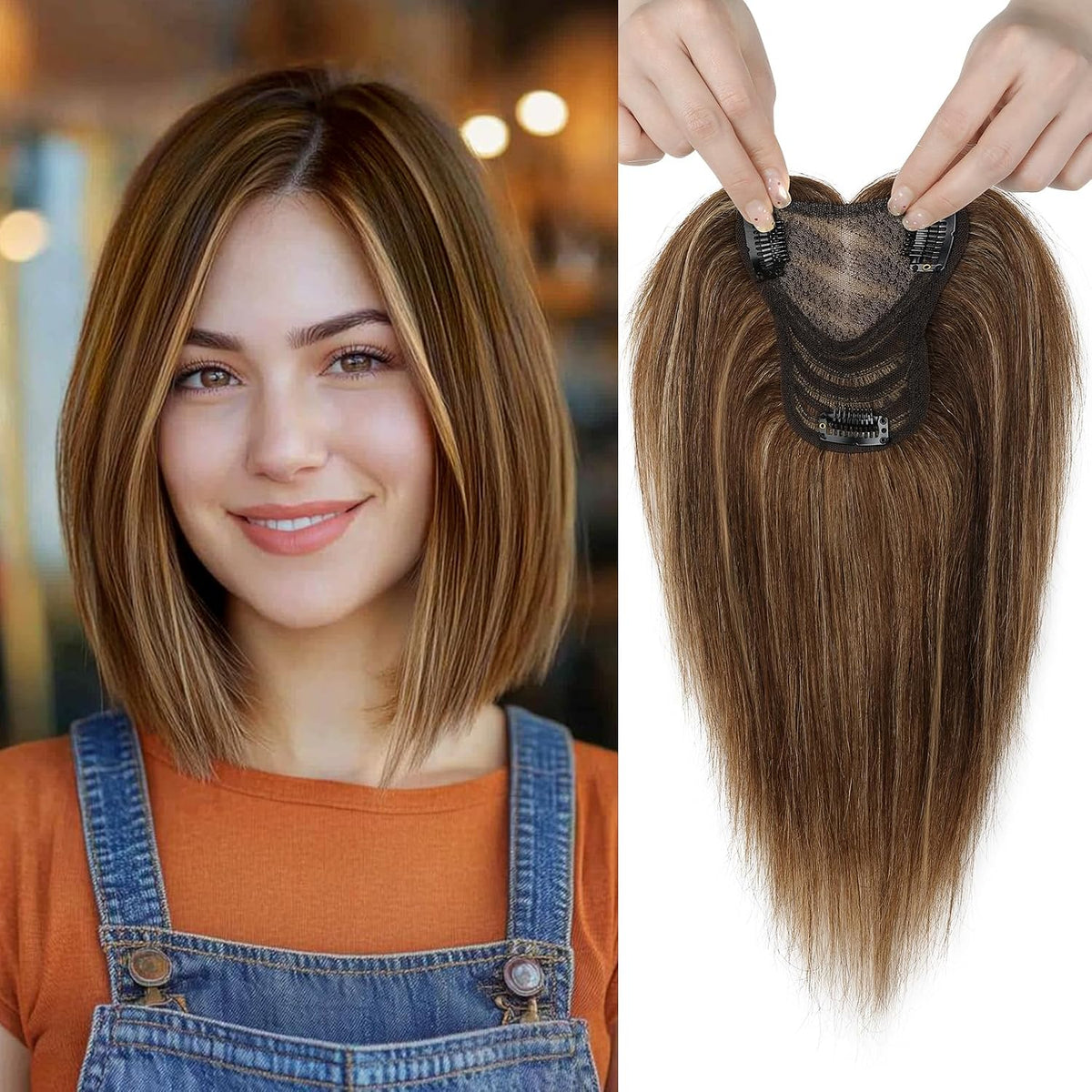 REECHO Prótesis capilar de 25 cm (10") de cabello humano real para mujeres con cabello fino, postizo con clip para volumen instantáneo y cobertura de raíces grises. Peluca de cabello natural Wiglett, color marrón medio mezclado con rubio miel.