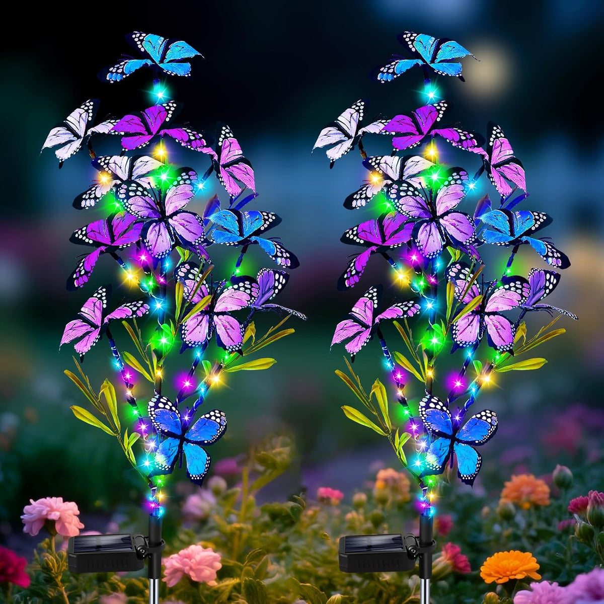 Luces solares para jardín MRHEPHAESTUS, impermeables, paquete de 2 luces solares con forma de mariposa con 60 LED, 12 mariposas de colores para decoración de jardín, patio y césped al aire libre, regalo para mamá, mujer, Día de la Madre.
