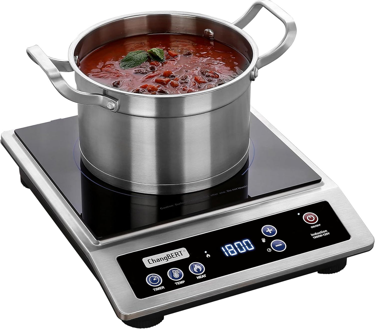 Placa de inducción ChangBERT, cocina portátil de calidad comercial, gran resistencia calefactora de 8", quemador de encimera de acero inoxidable de primera calidad con certificación NSF, temporizador de 10 horas, potente placa calefactora profesional de