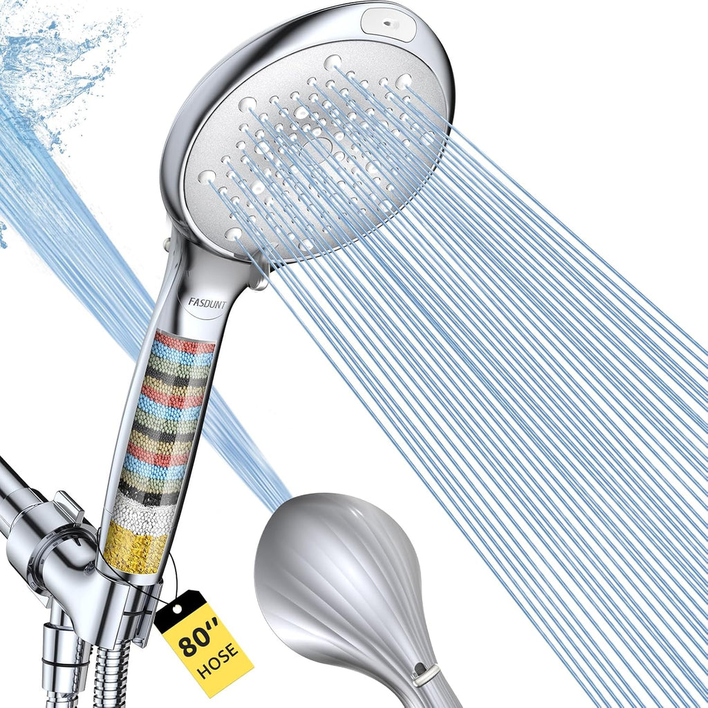 FASDUNT Regadera de Ducha con Ducha de Mano | Alta Presión 8 Modos con Filtro | Manguera de Acero Inoxidable de 80 Pulgadas y Soporte Ajustable | Cromo