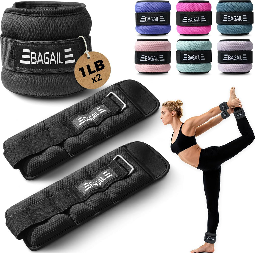 Pesas para tobillos y muñecas BAGAIL para mujeres y hombres, un par de pesas para piernas y brazos de 1/2/4/6/8/10 libras con diseño elegante y ajuste seguro para caminar, correr, pilates, fitness en casa y fisioterapia - 2 libras, negro