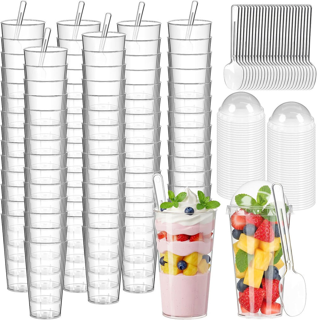 Budiwati 200 mini vasos de postre de 85 g con tapas y cucharas - Vasos de plástico transparente para gelatina, parfait y pudín, ideales para fiestas de degustación, catering, bodas, aperitivos de cumpleaños, yogur, fruta y tarta de queso.