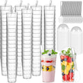 Budiwati 200 mini vasos de postre de 85 g con tapas y cucharas - Vasos de plástico transparente para gelatina, parfait y pudín, ideales para fiestas de degustación, catering, bodas, aperitivos de cumpleaños, yogur, fruta y tarta de queso.