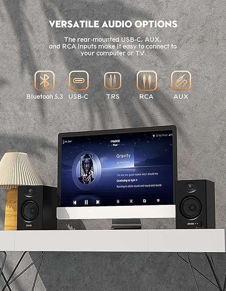 OHAYO Bocinas para PC y Gaming 60W | Bluetooth 5.3, Estéreo 2.0 | Entrada AUX, RCA, USB | 1 Par Negro