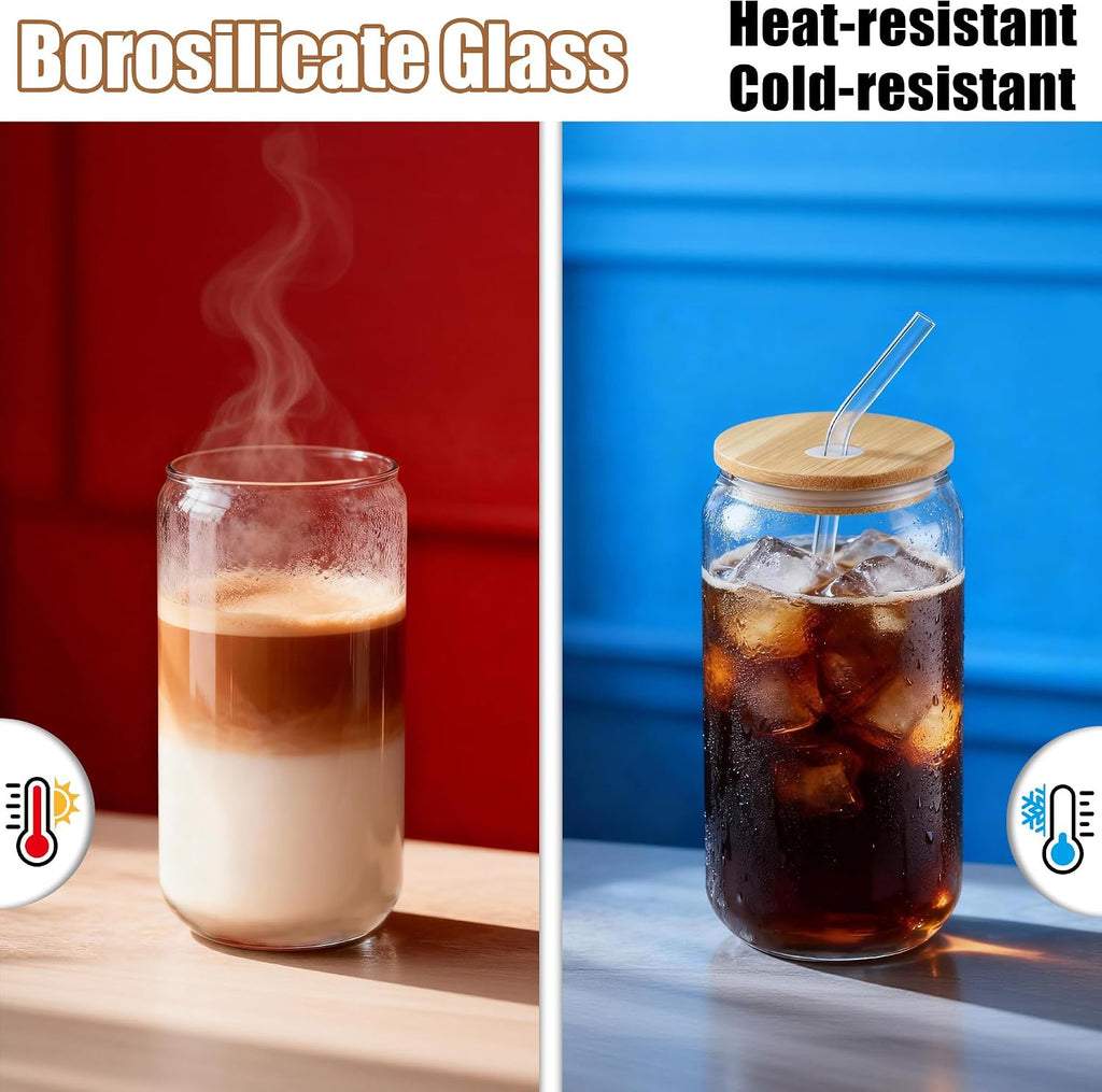 EL SET SOLO INCLUYE LOS 6 VASOS Y 4 PAJILLAS-Vasos de vidrio de 473 ml con tapas de bambú y pajitas de vidrio, juego de 6 vasos para café helado, batidos, té y agua, vasos reutilizables transparentes para accesorios de cafetería en casa.