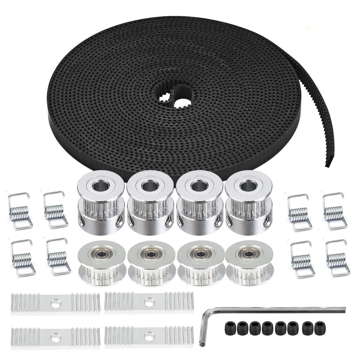 7 RESORTES FALTANTES. Zeelo Kit Correa de Distribucion GT2 5M 6mm + 4 Poleas 20 Dientes + 4 Tensores + 8 Resortes + 4 Abrazaderas con Llave Allen | para Impresora 3D