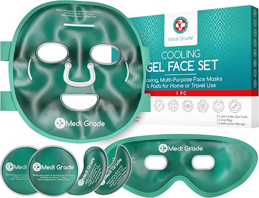 Mascarilla facial de gel refrescante y mascarilla para ojos fría - Kit completo de grado médico con tecnología de gel segura para rostro, ojos y debajo de los ojos. Incluye bolsa térmica y alivio refrescante contra la hinchazón y las ojeras.