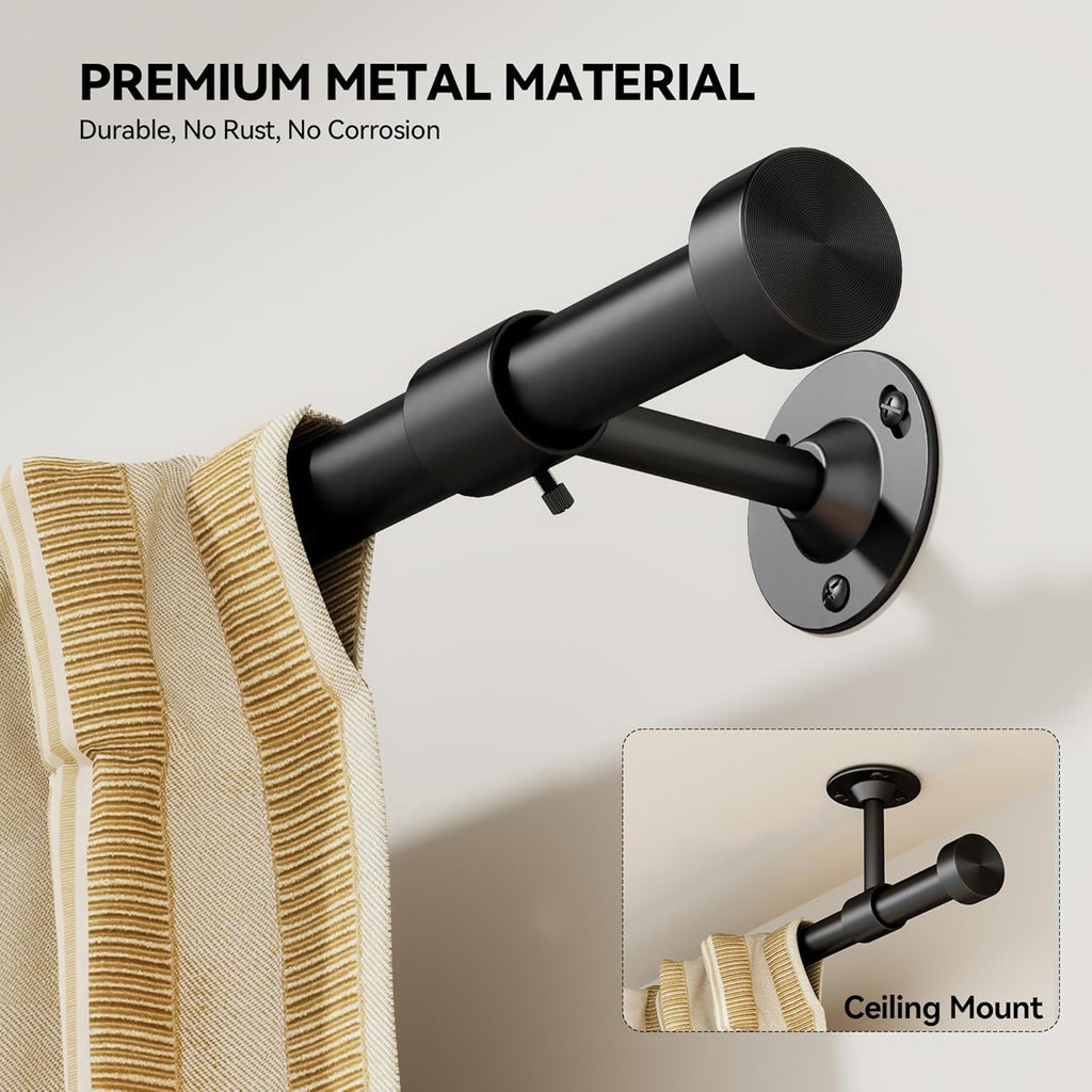 YaFex Barras de cortina resistentes de 32 a 60 pulgadas, barra de cortina negra ajustable de 1 pulgada para ventanas, barras de tratamiento de ventanas cortas con remates de aluminio.
