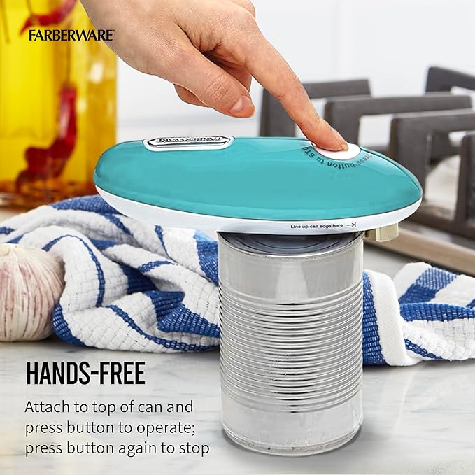Farberware Abrelatas automático compacto con pilas, manos libres, para cualquier tamaño de lata, con imán para quitar de forma segura la tapa, apertura sin costuras que disminuye los bordes afilados