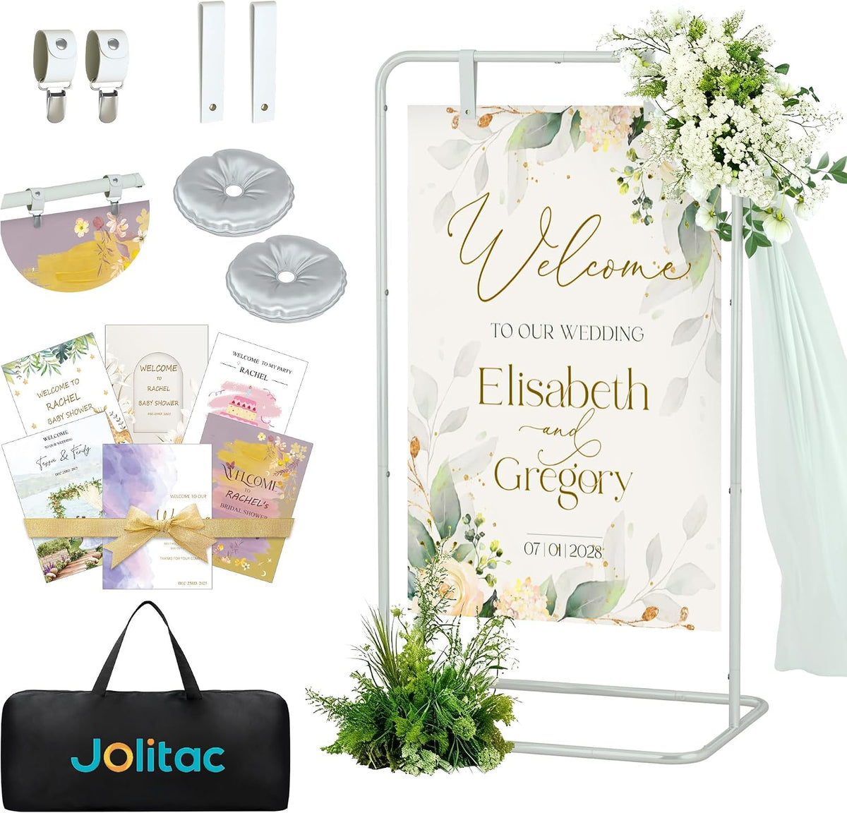 Jolitac Soporte para Letrero de Bienvenida de Boda | Atril Ajustable con Correas de Cuero | Base de Metal Resistente para Cartel de Asientos | Bodas, Baby Showers y Cumpleanos