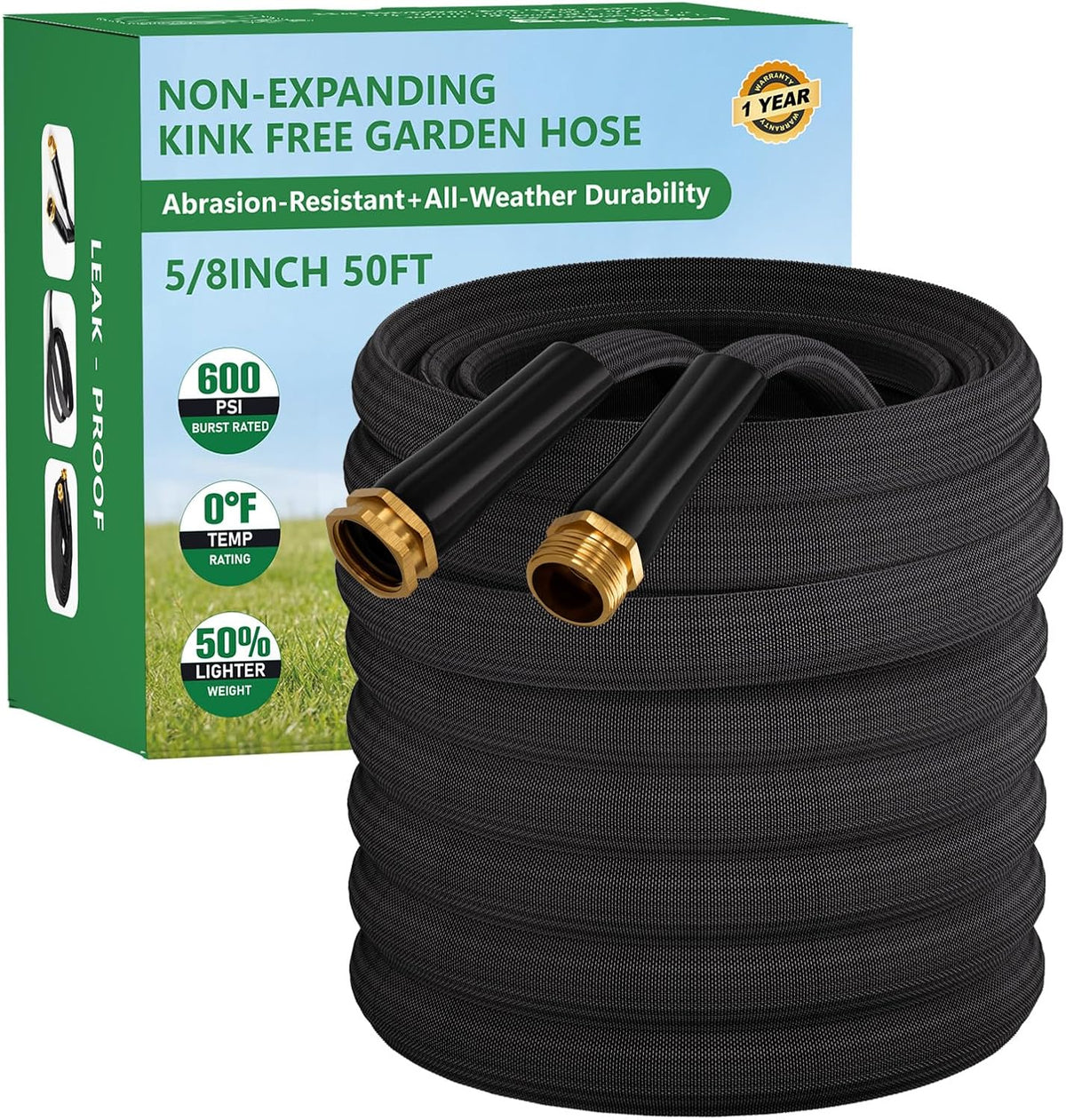 Manguera de Jardin 50 Pies No Expansible | Ultraligera, Sin Torceduras, Resistente a Reventones | Libre de Plomo, Duradera y Flexible | Alta Presion para Patio y Lavar Autos