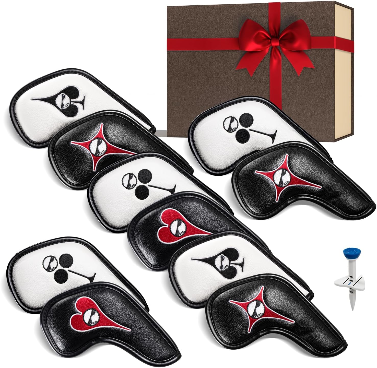 Magnetic Golf Iron Covers Set of 10 with Golf Tee – Poker Design Golf Club Head Covers, Embroidered Clubs, Hearts, Diamonds & Spades | Premium PU Leather, Fits All Irons, Unique Gift for Men & Women