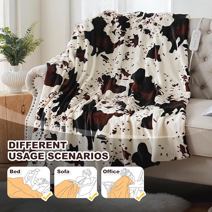 Manta eléctrica térmica con estampado de vaca, suave manta de calefacción occidental de 60 x 50 pulgadas, manta acogedora de calentamiento rápido, apagado automático de 1-10 horas, protección contra