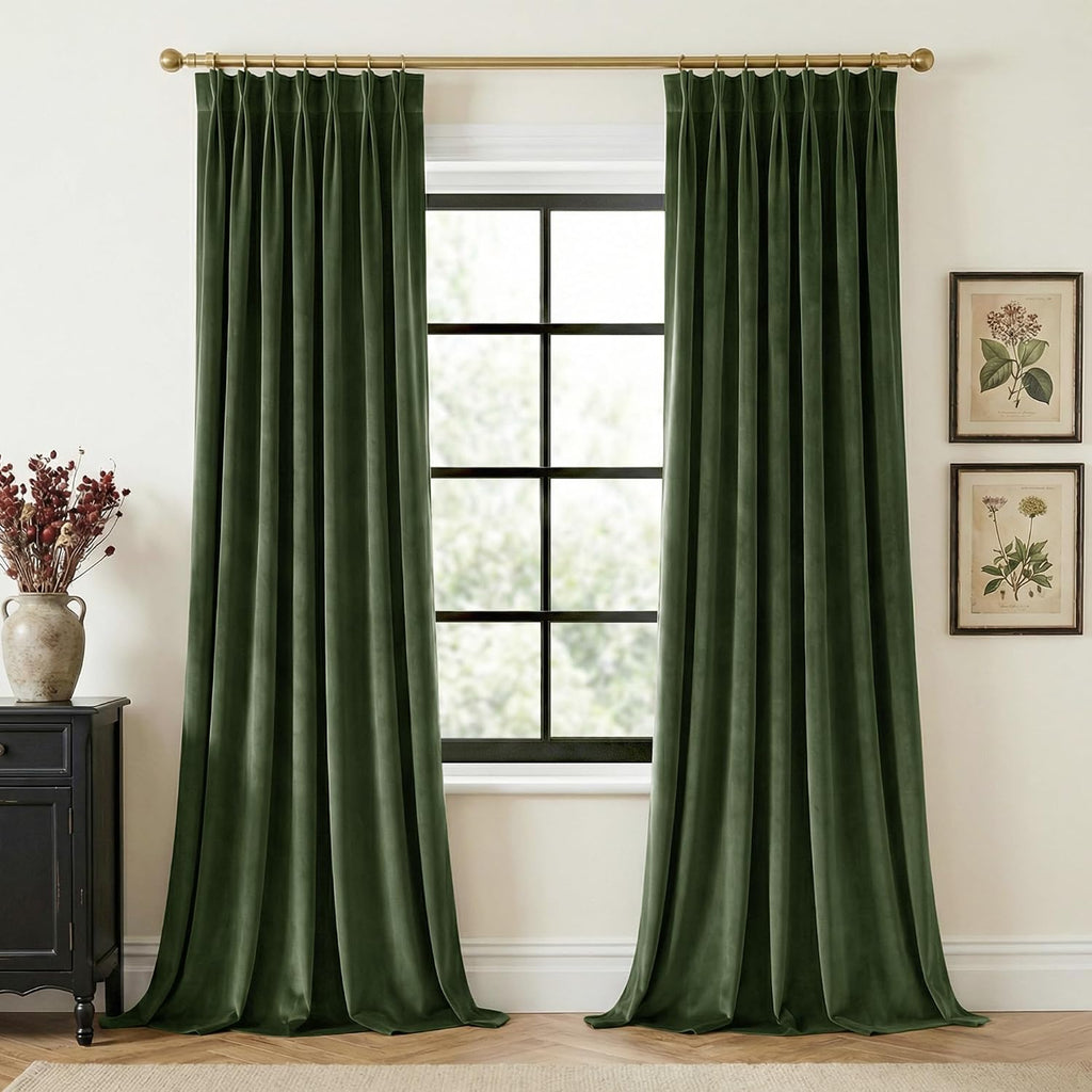 StangH Cortinas de Terciopelo Plisado – 2 Paneles 40x96'', Verde Musgo, Opacas con Ganchos, Aislamiento Térmico