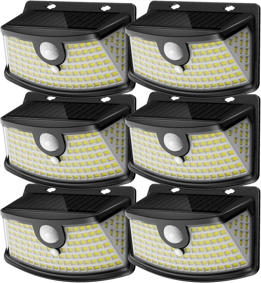 Nuevas luces solares con sensor de movimiento Aootek de 120 LED con reflector, ángulo amplio de 270°, resistentes al agua IP65, luces para escalones para puerta principal, patio, garaje, terraza (negro, blanco luz diurna, paquete de 6)
