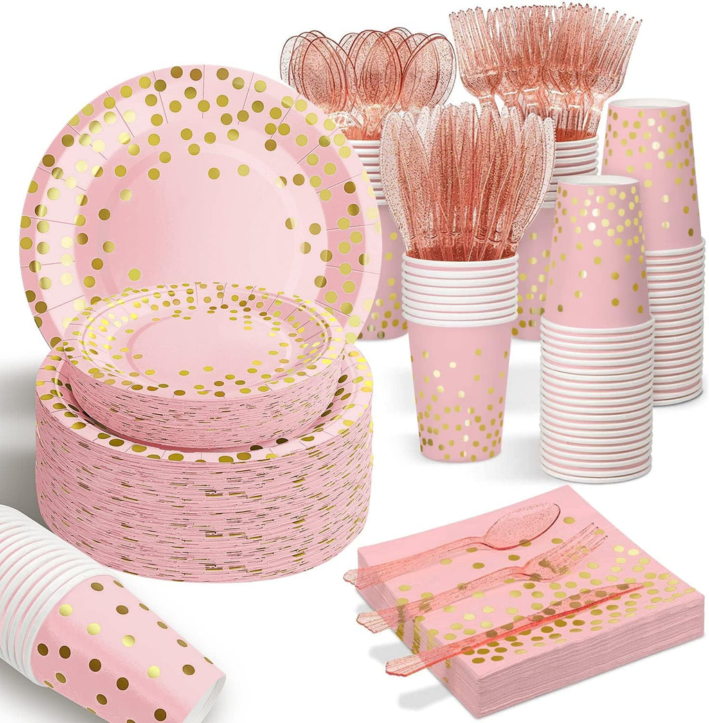 AIRE - 175 platos de oro rosa para fiestas, suministros para 25 invitados, decoraciones desechables para fiestas, tenedores, cuchillos y cucharas de plástico, platos, servilletas y vasos de papel con lunares dorados para baby shower, cumpleaños y bodas. 