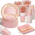 AIRE - 175 platos de oro rosa para fiestas, suministros para 25 invitados, decoraciones desechables para fiestas, tenedores, cuchillos y cucharas de plástico, platos, servilletas y vasos de papel con lunares dorados para baby shower, cumpleaños y bodas. 