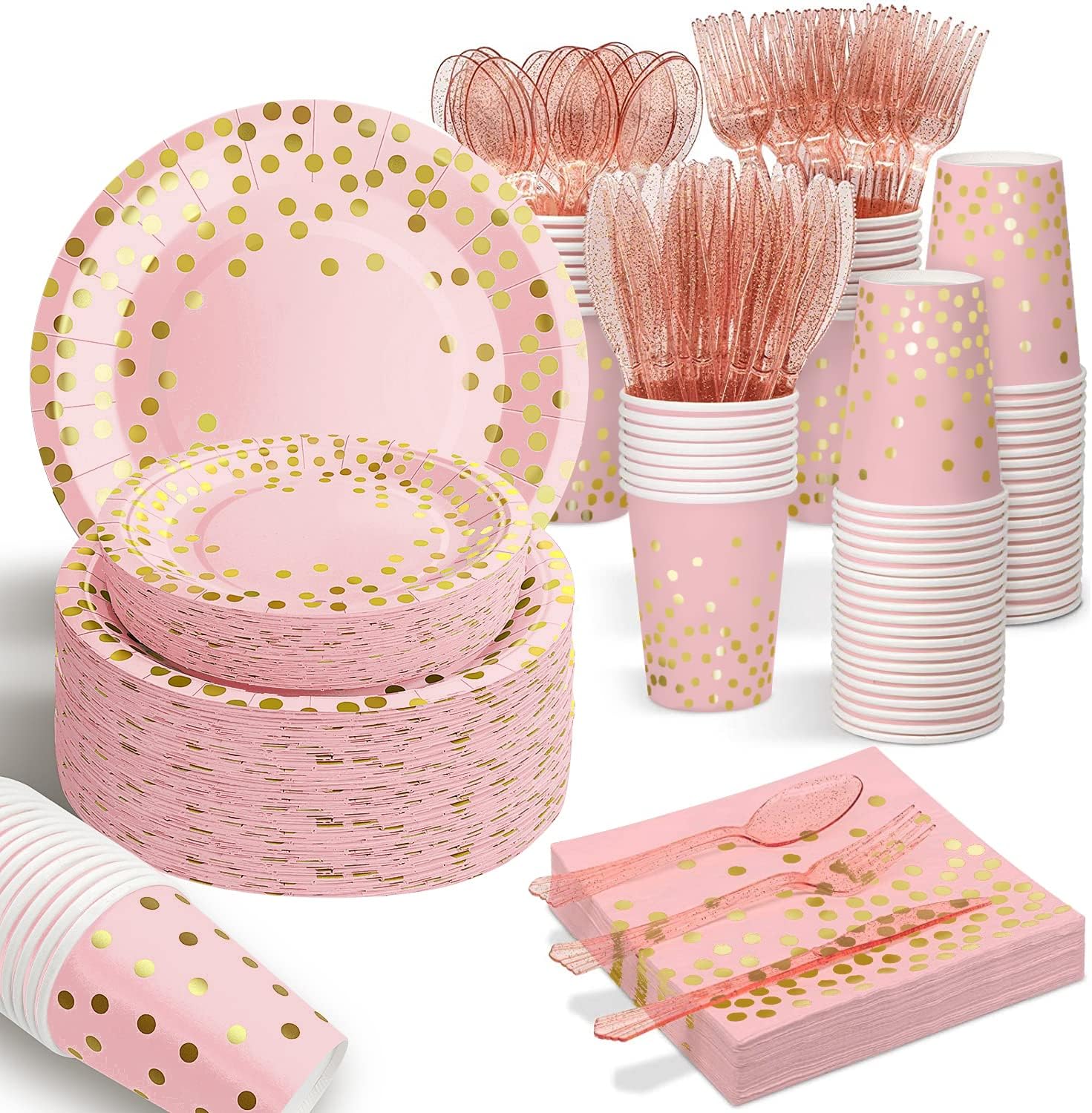 AIRE - 175 platos de oro rosa para fiestas, suministros para 25 invitados, decoraciones desechables para fiestas, tenedores, cuchillos y cucharas de plástico, platos, servilletas y vasos de papel con lunares dorados para baby shower, cumpleaños y bodas. 