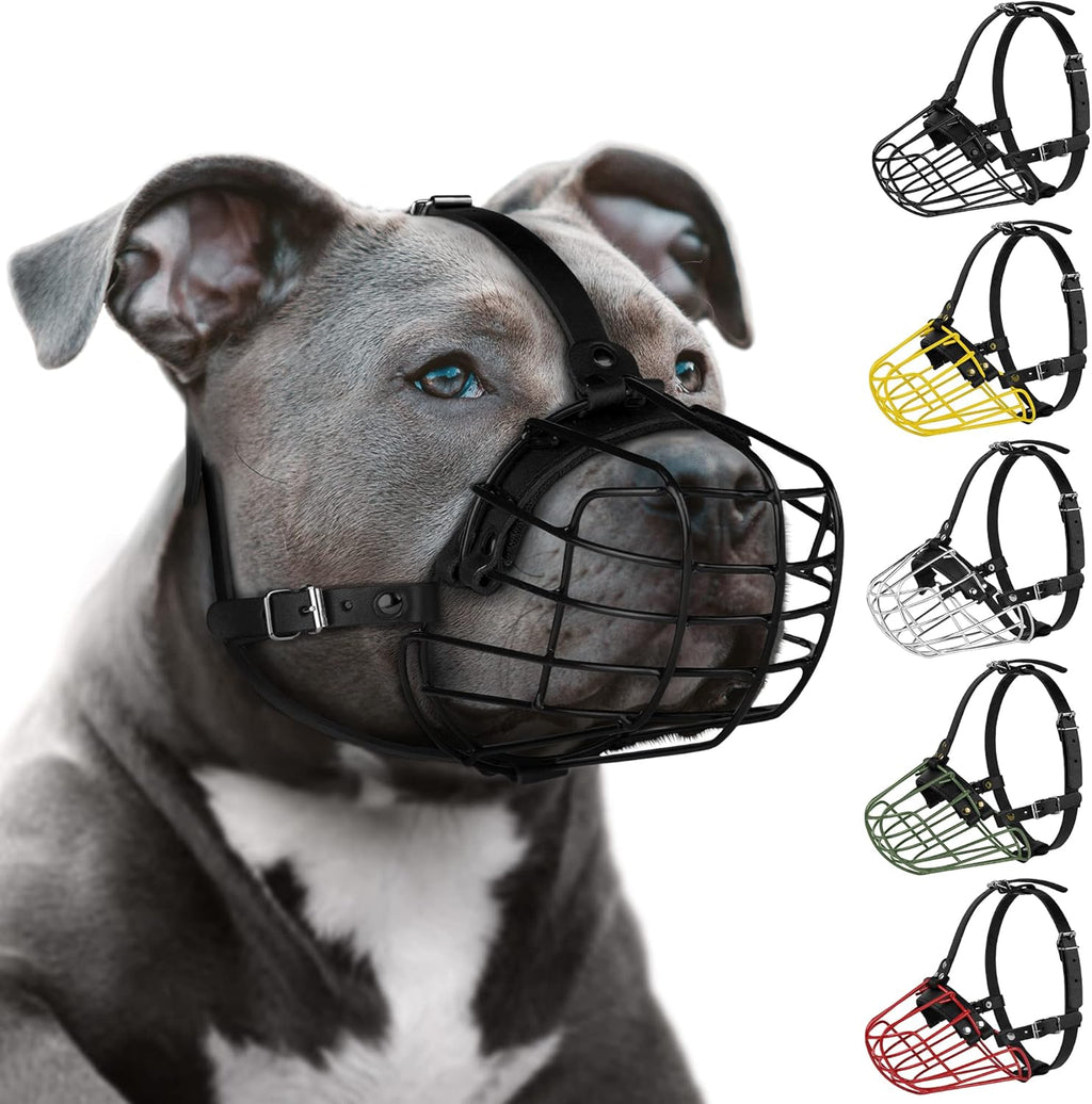 Bozal para perro Pitbull con máscara de metal Amstaff, cesta de alambre segura, correas de cuero ajustables y duraderas para perros grandes (negro) 