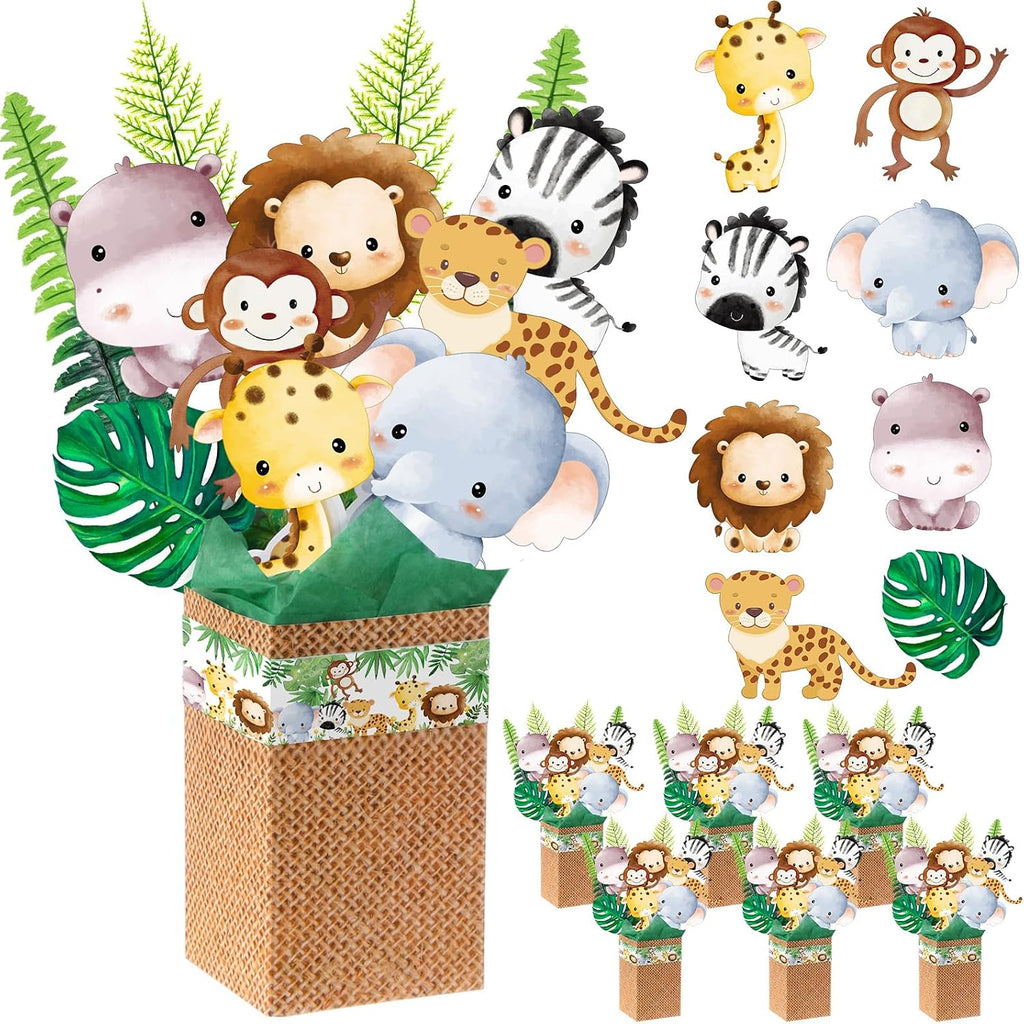 Maitys Set de  Centros de Mesa Temática Safari |Piezas Jungla con Animales, Cajas, Cintas y Plantas Artificiales | Decoración para Fiesta de Cumpleaños Safari ( ARTICULO VIENE COMO SE MUESTRA EN LA SEGUNDA IMAGEN )