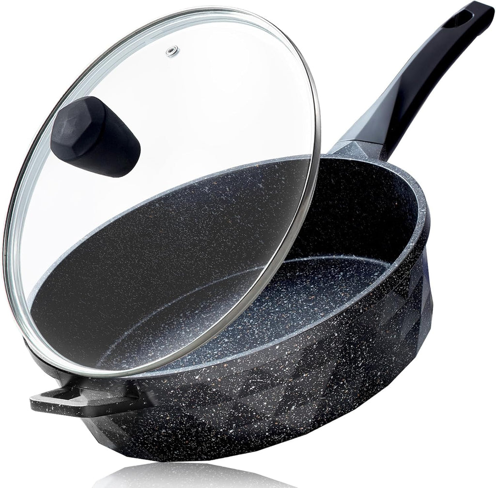 Nonstick Deep Frying Pan Skillet with Lid, 12 Inch Large Skillet, 5 Quarts Saute Pan, Granite Stone Non Stick Cooking Pan, Induction Compatible, PFOA Free