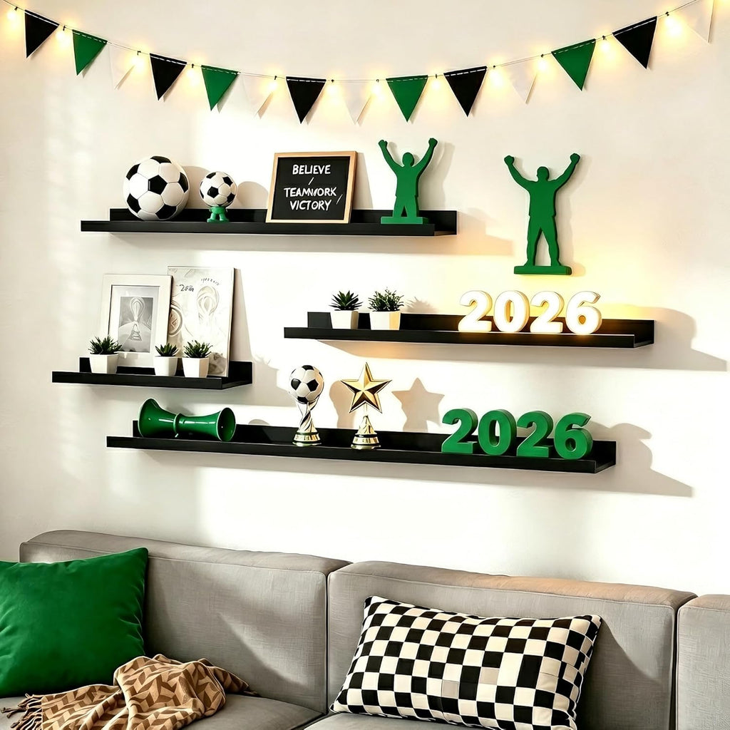 upsimples – Set 6 Repisas Flotantes de Pared | Madera Montada en Pared | Para Decoración y Almacenamiento | Dormitorio, Sala, Baño y Cocina | Color Negro