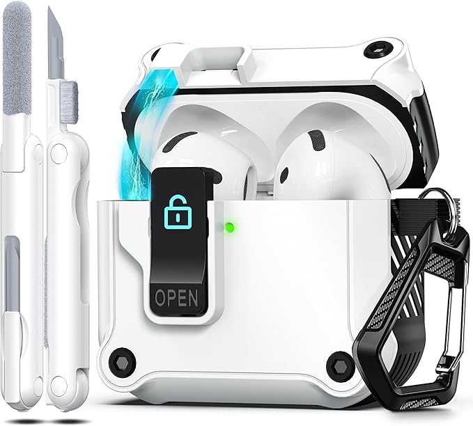 RFUNGUANGO - Funda para AirPods con fuerte protección contra caídas, serie de apertura automática, color blanco