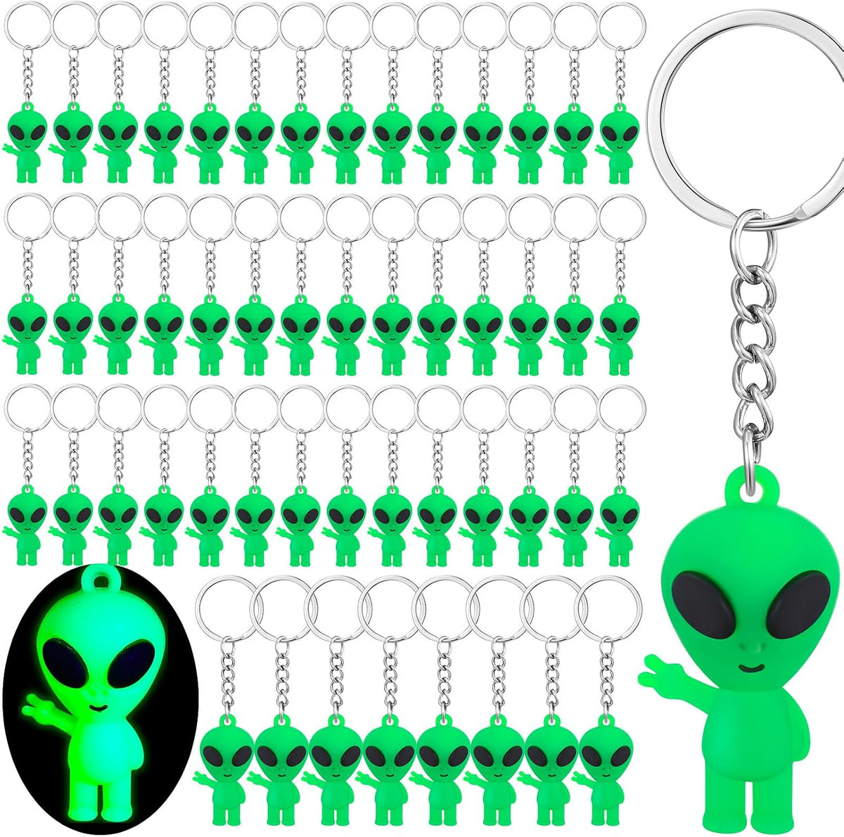 Equsion 50 Piezas Recuerdos de Fiesta Alienígenas, Llaveros Alienígenas Fluorescentes, Llaveros de Espacio Mini Rave, Figuras Aliens, Obsequios Pequeños a Granel, Premio, Relleno de Calceta Navideña para Decoración (Verde)