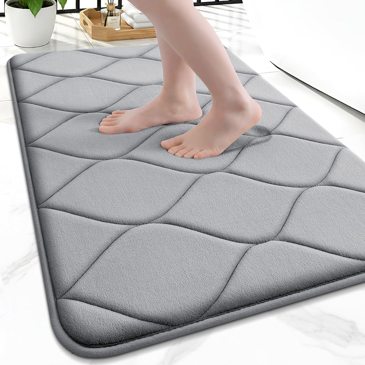 Alfombrilla de baño Smiry de espuma viscoelástica de 61 x 40 cm, ultrasuave y antideslizante, de felpa, absorbente, de secado rápido y lavable a máquina, ideal para ducha, bañera y decoración del hogar, color gris.
