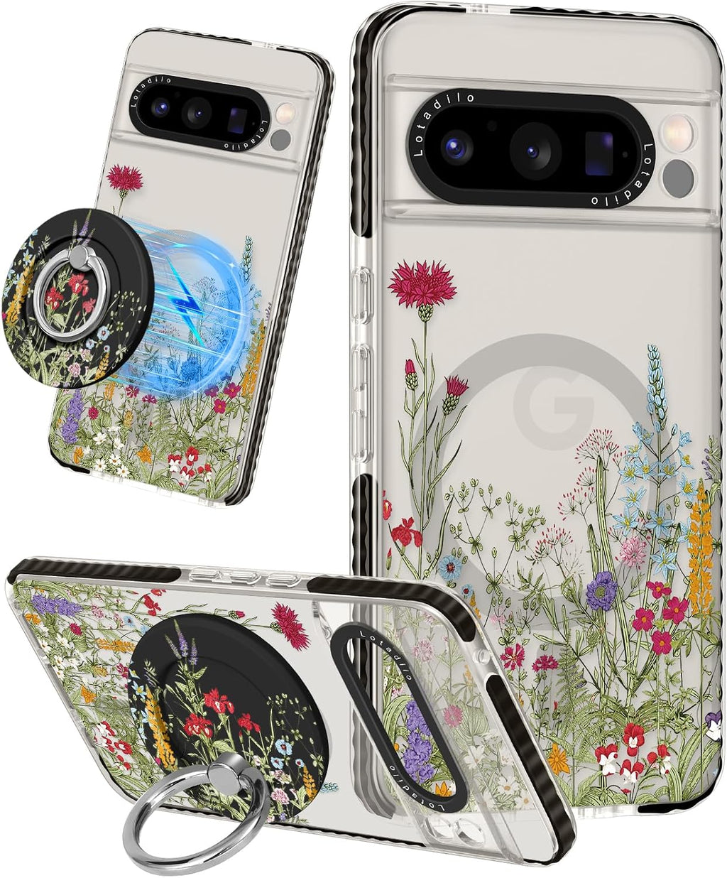 Funda Lotadilo Cute para Google Pixel 8 Pro - Compatible con soporte magnético MagSafe con anillo y soporte para mujer y niña. Fundas de TPU divertidas y modernas con diseño de flores y hierba.