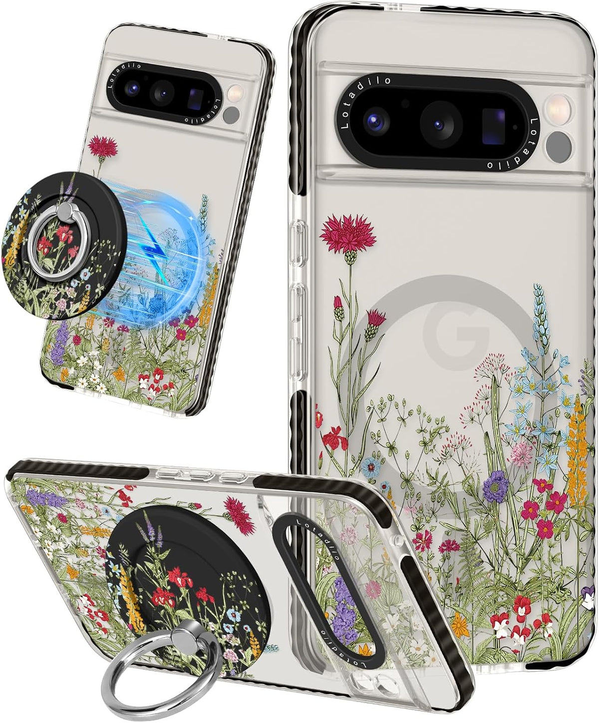 Funda Lotadilo Cute para Google Pixel 8 Pro - Compatible con soporte magnético MagSafe con anillo y soporte para mujer y niña. Fundas de TPU divertidas y modernas con diseño de flores y hierba.